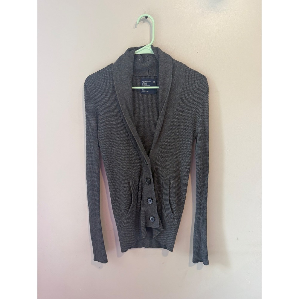American Eagle Womens Shawl Collar Cardigan Sweater Gray Waffle Knit Button Sz S